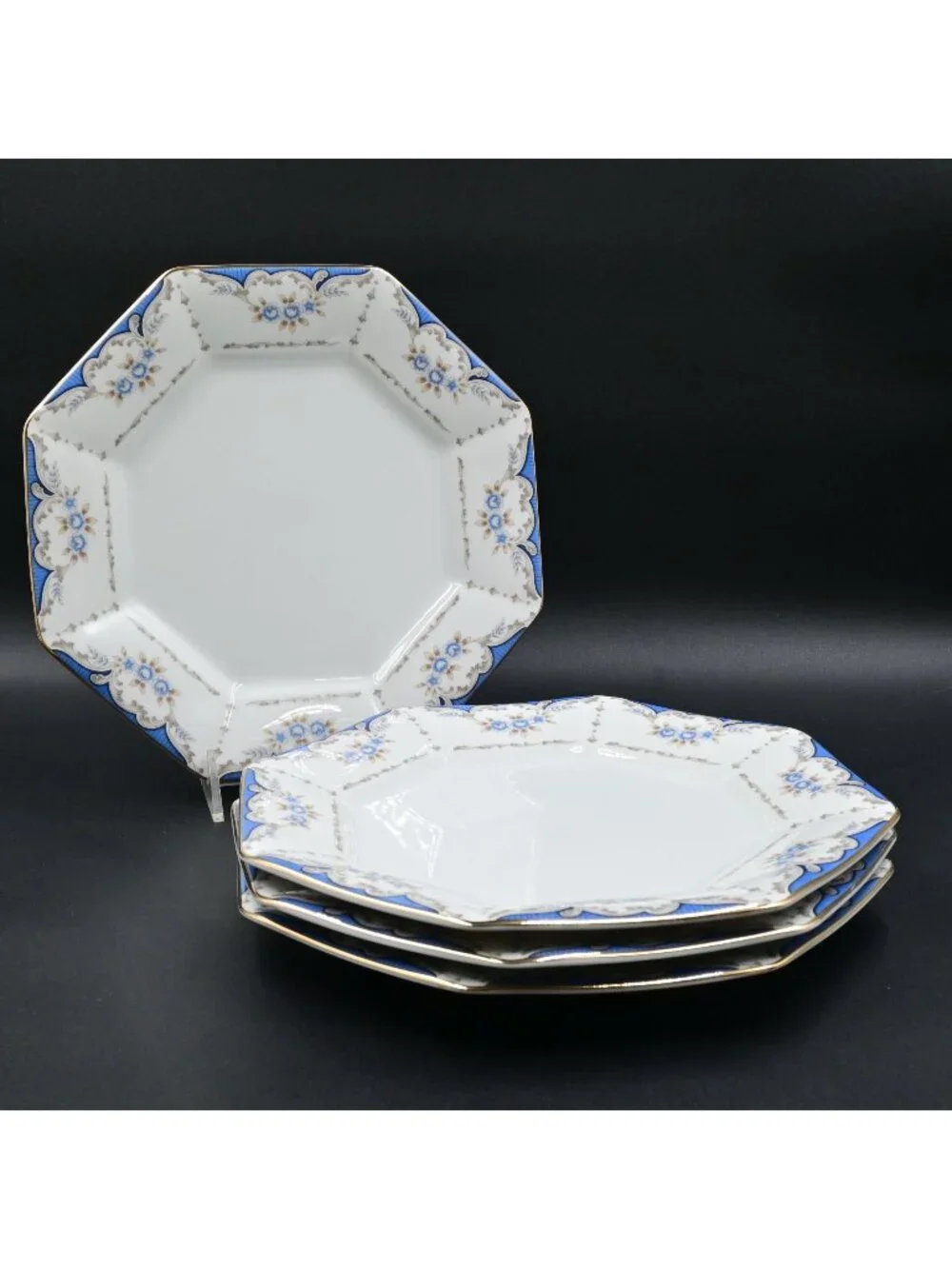 Seizan Mood Indigo 7936 Octagonal Blue Floral Dinner Plates Set of 4 Vintage 10